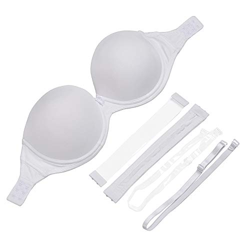 Strapless Bra with Clear Back Invisible Strap Push Up Padded Underwire Backless Halter Bralette 38C, White
