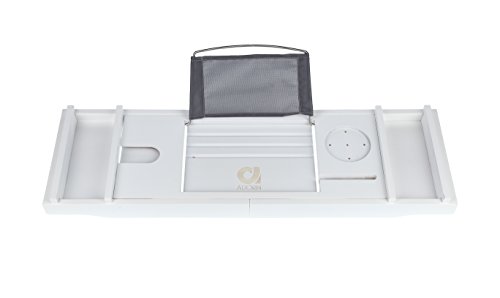 Adorn Home Essentials ADORN Bamboo Bathtub Caddy Bath Tub Tray | Waterproof/Washable Bath Pillow with Suction Cup | White | Expands up to 43"