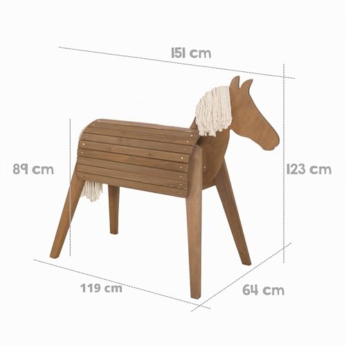 roba Solid Wood Riding Horse for Children – Weather Resistant – Seat Height 89 cm – Aerobatic Horse for Boys and Girls from 3 Years – Tinted Teak