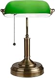 TORCHSTAR Retro Banker's Lamp, Green Glass Desk Light, Satin Brass Finish, E26 Base Bulb Compatible, 350 Degrees Rotatable, Pull Cord Switch Included for Living Room, Nightstand Table, Bedroom