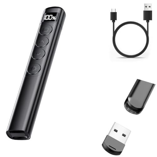 Presentation Clicker Wireless Presenter, 2.4GHz Remote Control USB Power Point Clicker Red Laser Pen with Hyperlink & Volume Control LED Display Slideshow Pointer for Keynote Laptop Computer Office
