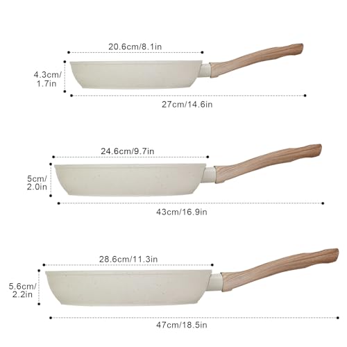 HEEDU Juego de 3 Sartenes con Recubrimiento Antiadherente, Sartén Antiadherentes de Granito Blanco, Libre de PFOS y PFOA, Apto para todas las estufas (20 cm y 24 cm y 28 cm)
