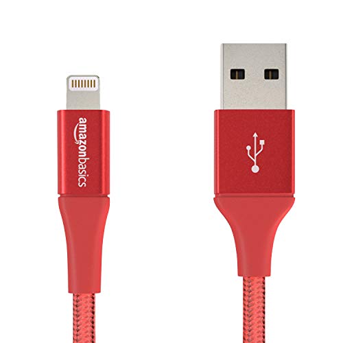 Amazon Basics - Cable Lightning a USB de nailon trenzado doble, colección avanzada, cargador de iPhone de Apple con certificación MFi, rojo, 4 pulgadas