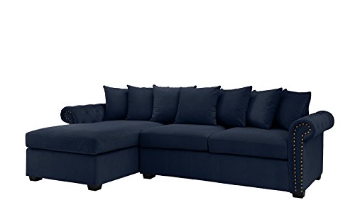 Modern Large Tufted Velvet Sectional Sofa, Scroll Arm L-Shape Couch (Navy Blue)