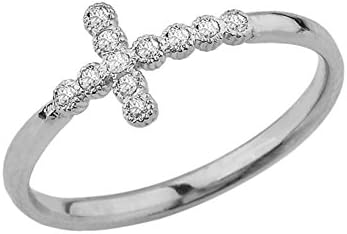 Fine 10k White Gold Modern Diamond Sidesways Cross Ring (Size 11.5)