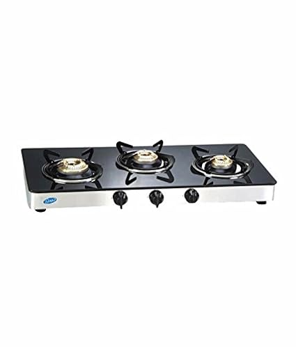 GLEN 1033 Glass Gas Stove 3 Brass Burner Cooktop, ISI Certified