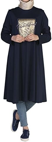 Traditional cotton blend long dress with long sleeve for Hijabi Women (10, Navy Blue)