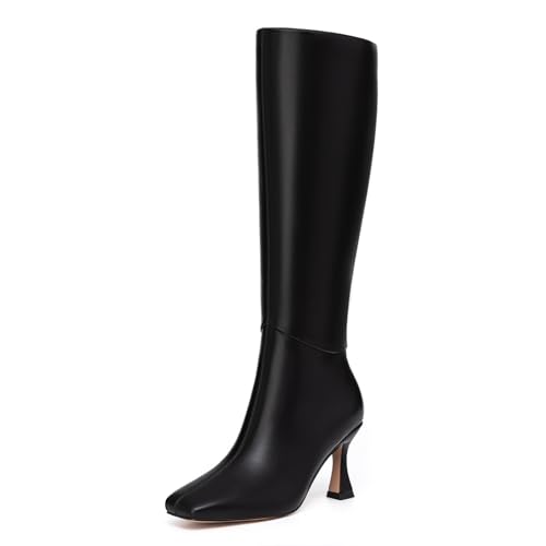 Athlefit Kitten Heel Knee High Boots for Women Square Toe Boots black 9.5 at Amazon
