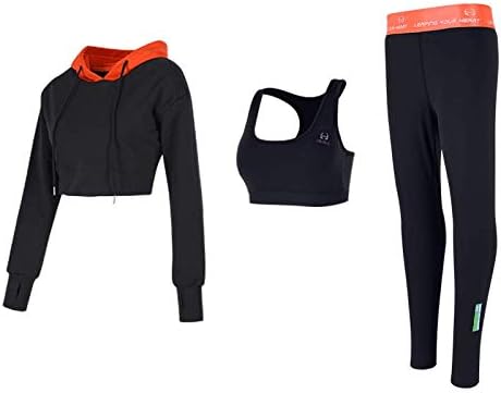 POUREVE Women Running Sets, Ladies Sports Suits Tracksuit Sweatshirt Long-sleeved Short Hooded Sweater Tops+ Bra + Ninth Pants Gym Yoga Workout Clothes Outfit Sport Wear Suit For Women, Quick-drying