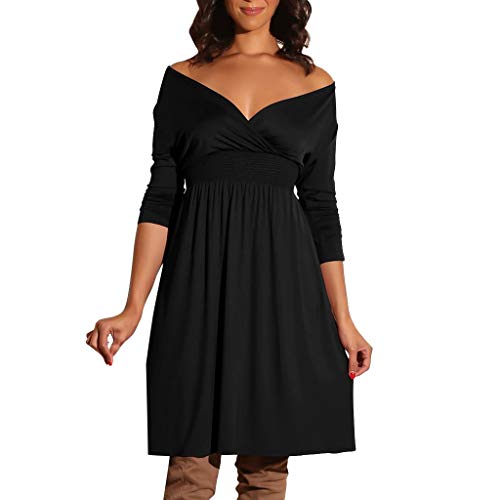 Sexy Womens Off Shoulder V-Neck Long Sleeve Solid Plain Casual Party Dress