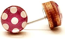 Plum purple and white polka dots wood stud earrings 8mm