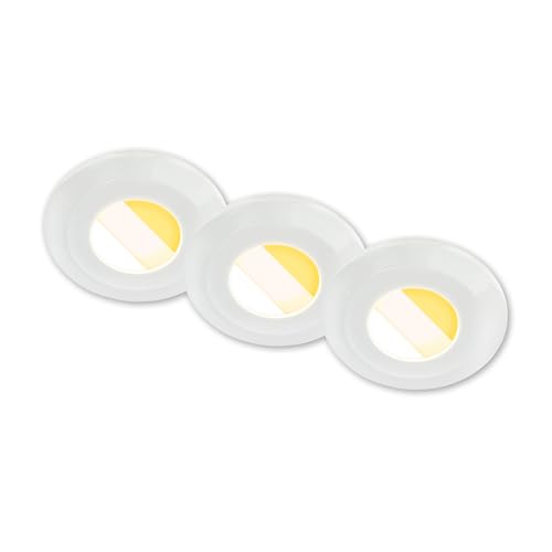 BRILONER - 3er Set LED Bad Einbaustrahler 230V Gehäuse 50% recycelt, Farbtemperaturwechsel, Dimmbar, IP44, Ra90, LED Spot, flach, Deckenspots, Einbauleuchten, Badezimmer, 68mm, 90x30mm (DxH), Weiß