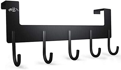 Rongyuxuan Over The Door 5 Hook Hanger, Door Coat Hanger Organizer Rack for Clothes, Coat, Hat, Belt, Towels, Stylish Door Clothes Hanger for Bedroom, Cloakroom, Bathroom - Brushed Aluminum