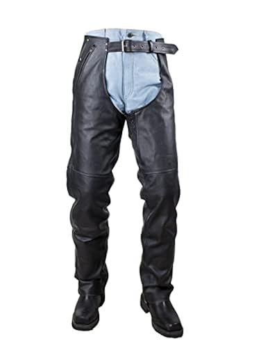 Motorcycle Leather Chaps For Men - Black Cowhide Biker Riding Pants With Zip-Out Liner & Multiple Pockets