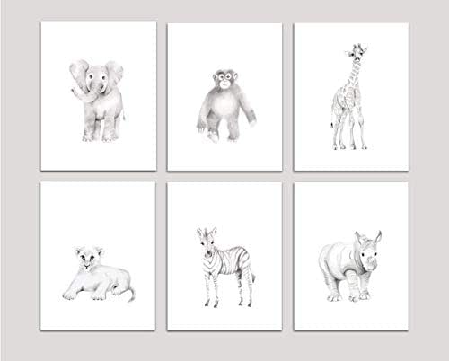 Amazon Com Grey Safari Nursery Art Prints Set Of 6 Baby Animal Pencil Drawing Prints Unframed Handmade