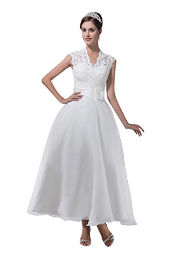 Mollybridal Women's V neck Lace Wedding Dresses With Short Sleeves White 4