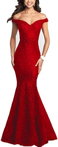 HofnDolce Off The Shoulder Lace Mermaid Prom Dresses V Neck Sleeveless Long Evening Gowns