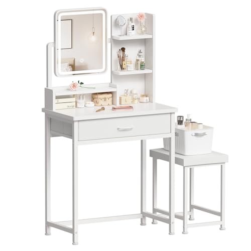 Makeup Vanity Desk with Mirror and Lights, Small Vanity with Fabric Storage Drawer & Side Table & Shelves, White Compact Makeup Vanity for Bedroom