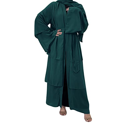IKADEX Muslim Abaya Dress For Women - Pakistani Kaftan Robe + Hijab, Light Green, One Size, Islamic Prayer & Dubai Outfit