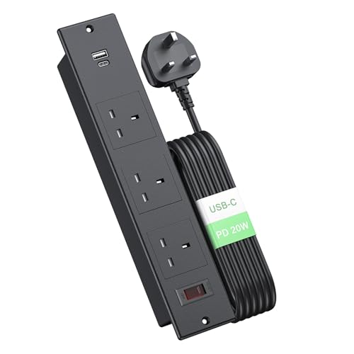 LBOYLOVE® Recessed Power Socket, Desk Recessed Plug Socket with 3 UK Plugs, 2 USB Ports, 2M/6.56FT Cable, Hidden Furniture Socket with Overload Switch for End Table, Sofa, Cabinet