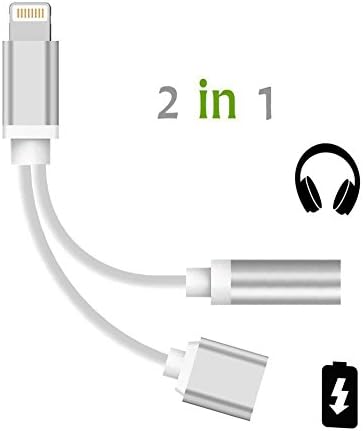 1Pack 2 in 1 iPhone 7/7plus Adapter(Compatible with iOS 10.3+),wangwow Lightning to Charger and Lightning to 3.5mm Aux Earphones Jack Cable for iPhone 7/7 Plus [No Calling Function]- (Silver)