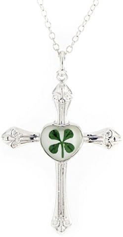 Real Four-Leaf Clover Sterling Silver Pendant Necklace, 19-20.5", Cross in My Heart, God Bless