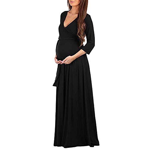 Women's Maternity Breastfeeding Nursing Solid Ruched Adjustable Maxi Dresses Pregnancy Dress (L, Black)