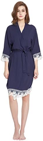 Women’s Robe Soft Cotton Solid Color Kimono With Floral Lace Trim,3/4 Sleeves (Small, Navy)