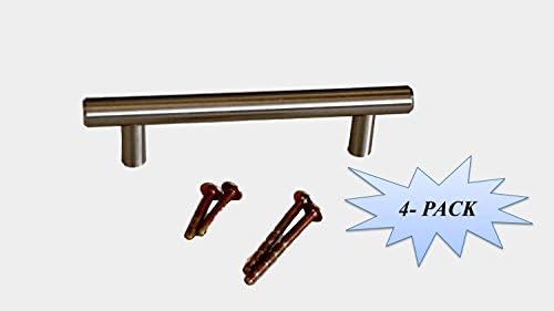 (4 Pack) Cabinet Hardware, Satin Nickel Euro Style Bar Handle Pulls - 96mm (3 3/4") Hole Centers, 135mm (5 3/8") Overall Length