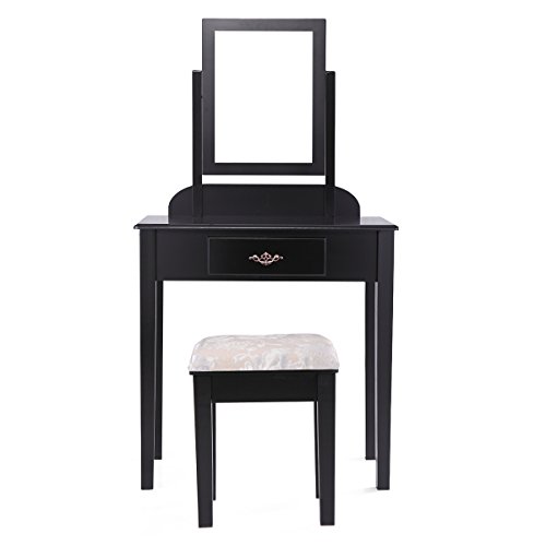 JAXPETY New Black 3 pc Set Boudoir Makeup Cosmetic Mirror Vanity Table Desk W/Bench - Thumbnail 5