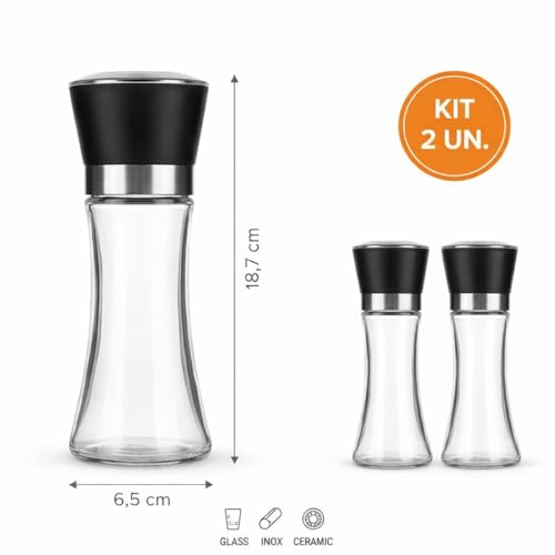 Kit 2 Moedores de Sal e Pimenta Vidro e Plástico Ajuste de Moagem Design Transparente para Temperos