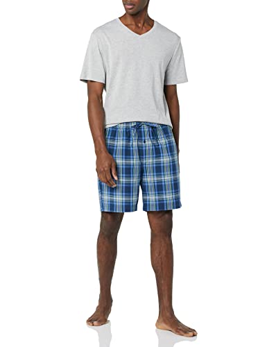 Amazon Essentials Conjunto de Pantalón Corto de Pijama de Popelina de Algodón con Camiseta de Algodón Hombre, Azul Marino Cuadros Escoceses/Gris Mezcla, XS