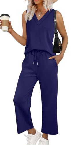 Photo 1 of *ONLY PANTS* WIHOLL Plus Size Spring Clothes for Women 2025 Summer Outfits Two Piece Pajama Sets Wide Leg Crop Pants Matching Vacation Tank Top Navy 2XL