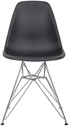 Eames Style Classic Injection Molded Polypropylene Plastic Accent Shell Chair Black Seat with Chrome Plated Eiffel Steel Wire Base with Floor Glides DSR - Dining Height Side Chair Rod Base