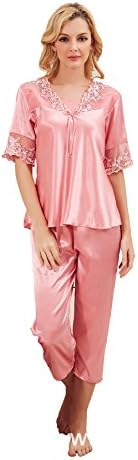 Fashion Classic Women's Silk Sleepwear Short Sleeve Trousers Pajamas Set Cropped XXL