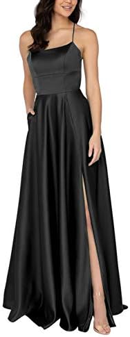 YMSHA Womens Long Halter Split Prom Party Dresses with Pockets Spaghetti Straps Evening Formal Gown PM10