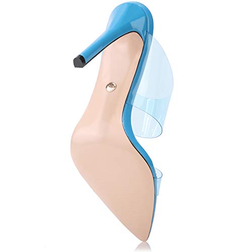 vivianly Womens Sexy Clear High Heels Transparent Strap Pointed Toe Mules Sandals Stiletto Heel Slip on Dress Shoes Blue - Thumbnail 5