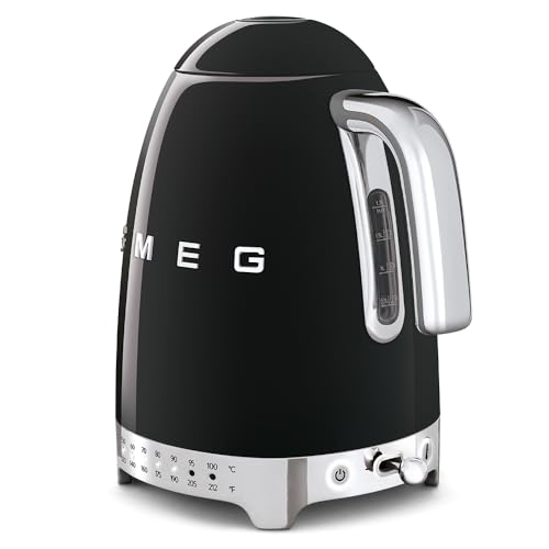SMEG Hervidor eléctrico de temperatura variable de 7 tazas - Estilo retro estético con tecnología avanzada - Acero inoxidable, 1400W, 120V, base giratoria de 360°, función mantener caliente (negro)