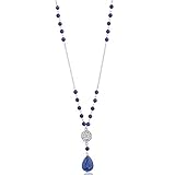 Chuvora 925 Sterling Silver Long Round Beaded Blue Lapis Lazuli Pear Shape Pendant, 26 inches