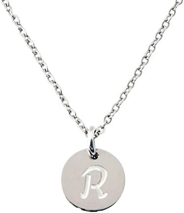 Silver Tone Stainless Steel Initial Neckalce Alphabet Disc Pendant Necklace for Womens Personalized charm Necklace A-Z Letters (R Silver)