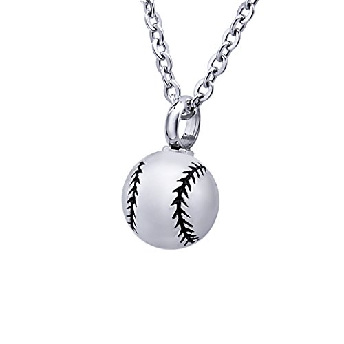 HOUSWEETY Baseball Stainless Steel Round Urn Pendant Necklace Memorial Ash Keepsake Cremation Jewelry (Gift Bag)