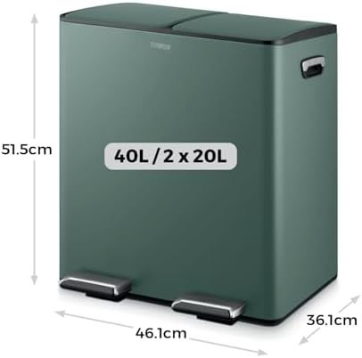 T838022FOR Pattumiera a pedale con due scomparti da 20 litri, corpo in acciaio al carbonio, due secchi interni, 40 l, verde foresta