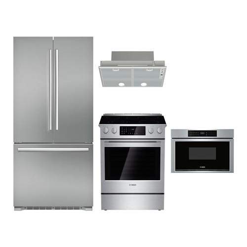 Bosch 4-Piece Stainless Steel Kitchen Package with B21CT80SNS 36" French Door Refrigerator, HDI8054U 30" Slide-in Electronic Range, DHL755BUC 30" Custom Hood Insert, and HMD8053UC 30" Drawer Microwave