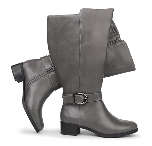 Hawkwell Women's Extra Wide Calf Pull On Side Zipper Knee High Boots, Grey PU, 6 M US at Amazon