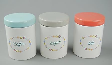 multi coloured tea coffee sugar canisters