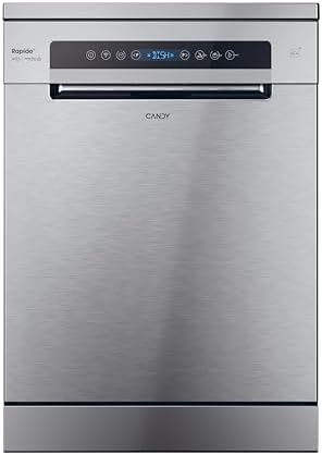 Candy Rápido CF 5C7F1X, Máquina de lavar louça 60 cm, 15 Serviços, Digital, WIFI, 8 Programas, Motor Inversor, Arranque Atrasado 1-23H, Indicador de Sal e Auxílio ao Enxaguamento, Terceira Bandeja, 47DB, Inox