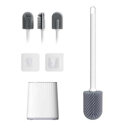 Escobilla de Baño de Silicona con Soporte, Cepillo WC Antibacteriano, Escobilla de Inodoro Higiénica Antigérmenes, Resistente al Moho, Montaje en Pared o Suelo, Blanco