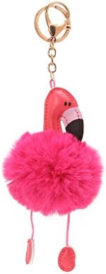 Whatsin Keychain Flamingo Fur Ball Pom-pom Bag Charm Bow Car Key Ring Pendant (Hot Pink)