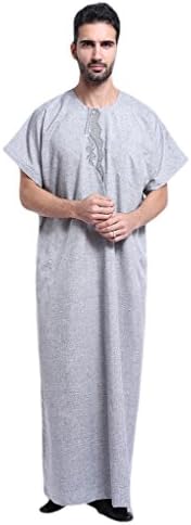 Muslim Short Sleeve Solid Color Kurta Islamic Round Neck One Piece Thobe, S-3XL Sizes Fitted