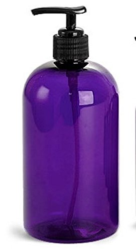 PURPLE PLASTIC PUMP BOTTLES - 16 OZ REFILLABLE with Black Pumps - ORGANIZE Soap, Shampoo and Lotion with a Clean, Classy Look - PET, Lightweight, BPA Free - 6 Pack, BONUS 6 FLORAL WATERPROOF LABELS